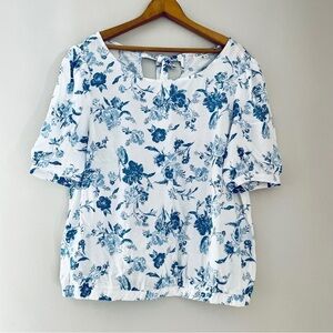 C&C California Blue White Toile Floral Print Rayon Top Blouse